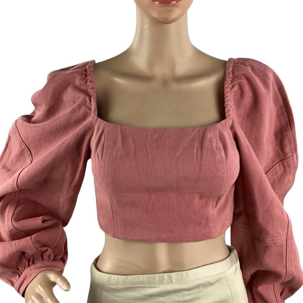 Free People Marley Denim Top Rose Smoke Pink Puff Sleeve Size 4 - Picture 2 of 7
